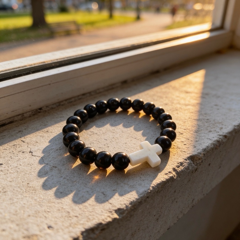 Black Beaded Cross Bracelet for girls , teens and or small wrist adults - Picture 2 of 7